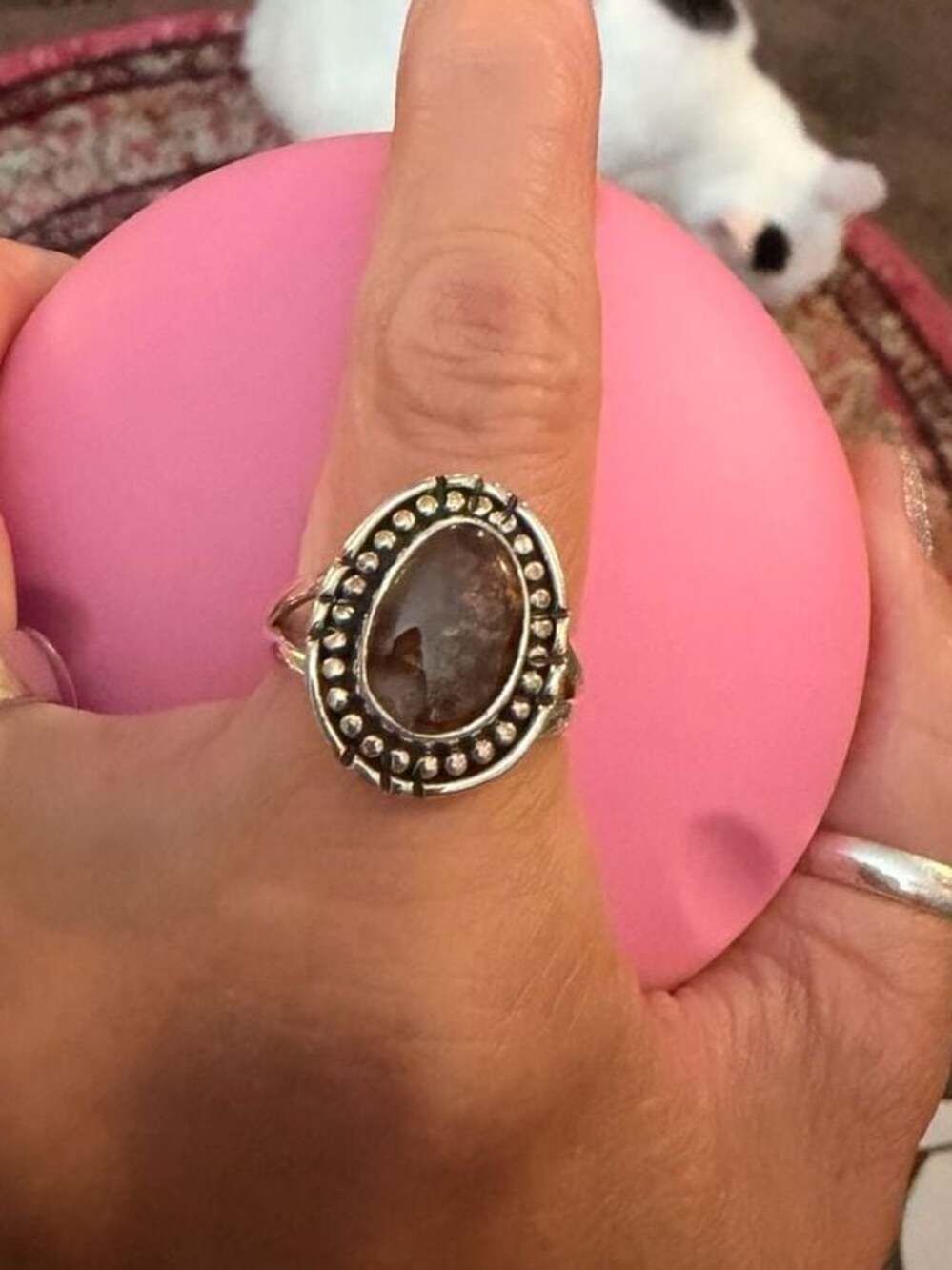 Sterling Silver Southwestern Brown Agate, Bronzite Cabochon - Ring size 7